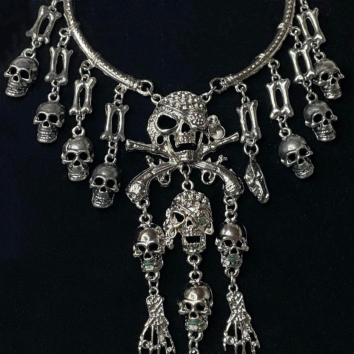 Gothic Skull and Bones Statement Necklace - Dark Silver