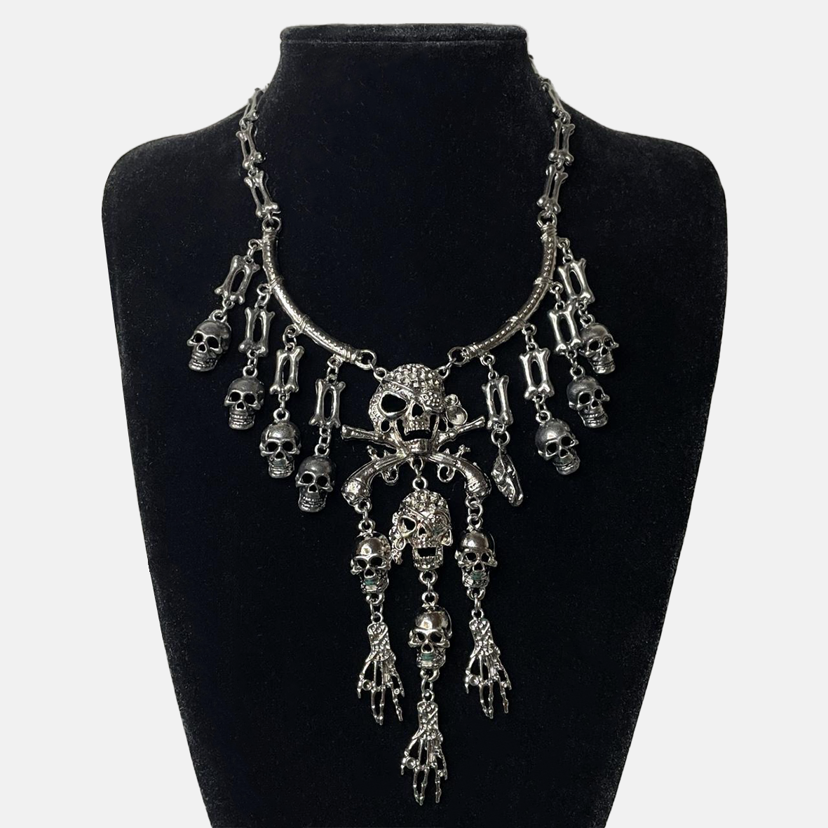 Gothic Skull and Bones Statement Necklace - Dark Silver