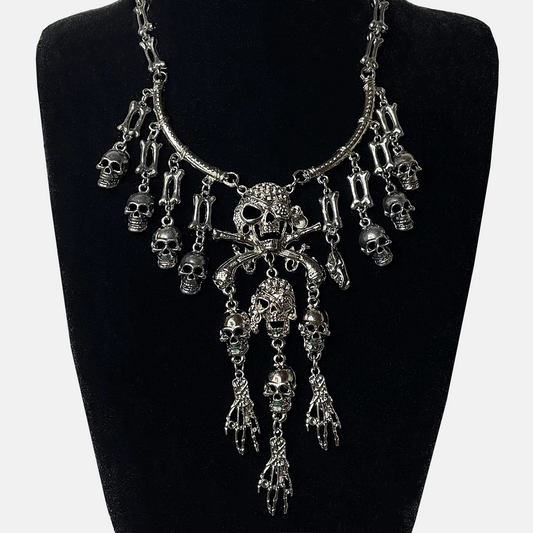 Gothic Skull and Bones Statement Necklace - Dark Silver