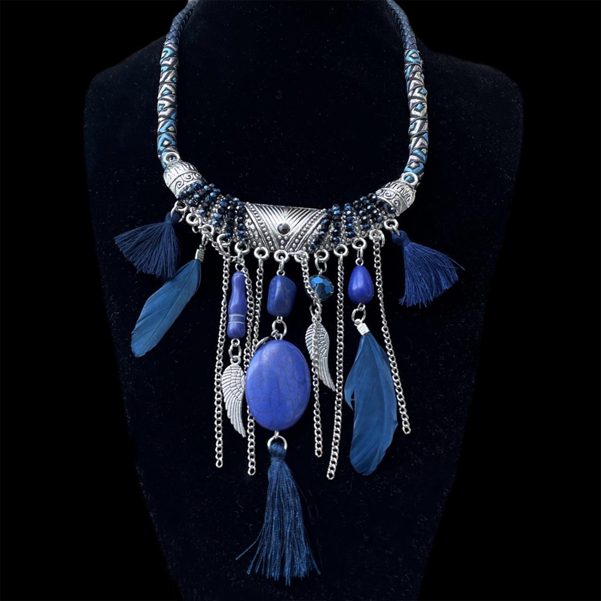 Blue Tassel Feathers Necklace