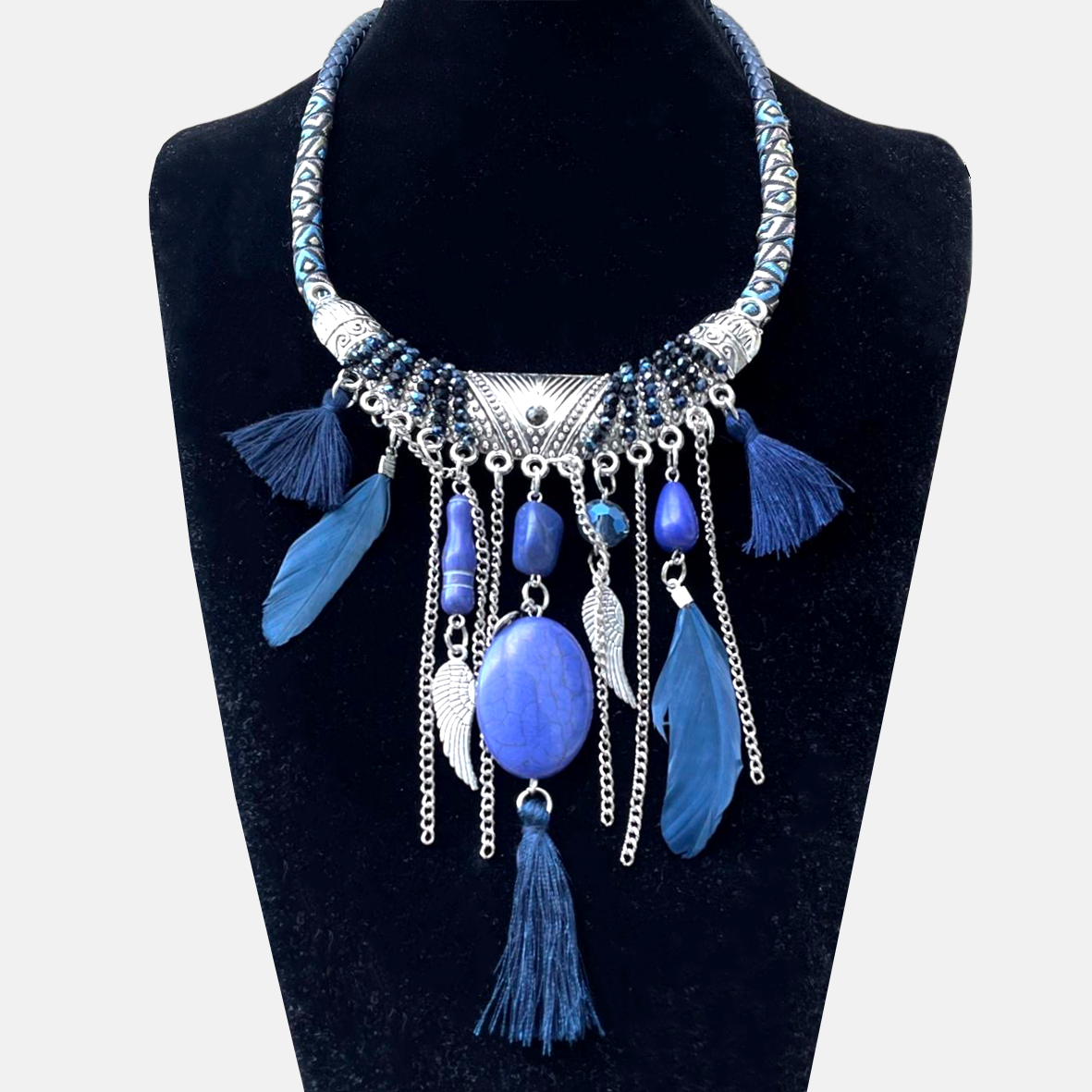 Blue Tassel Feathers Necklace